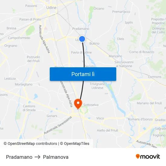 Pradamano to Palmanova map