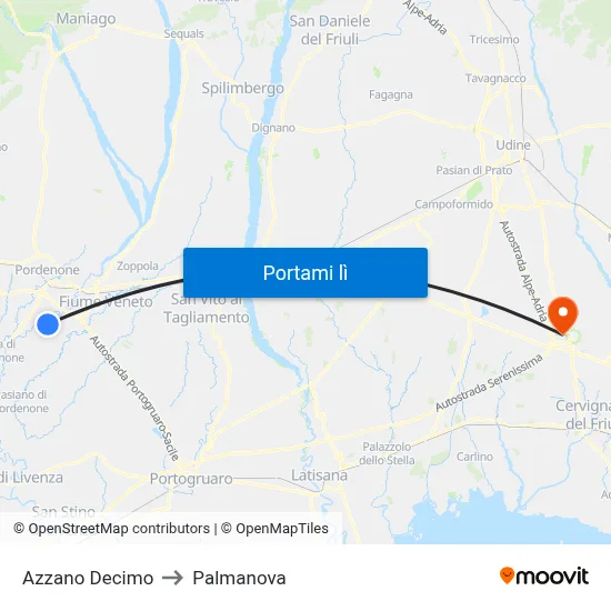 Azzano Decimo to Palmanova map