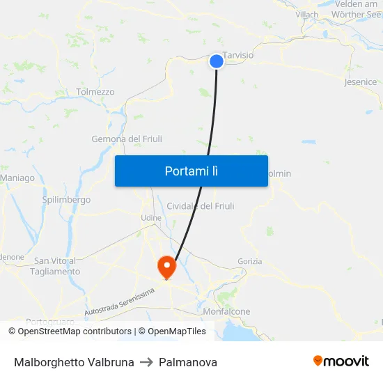 Malborghetto Valbruna to Palmanova map