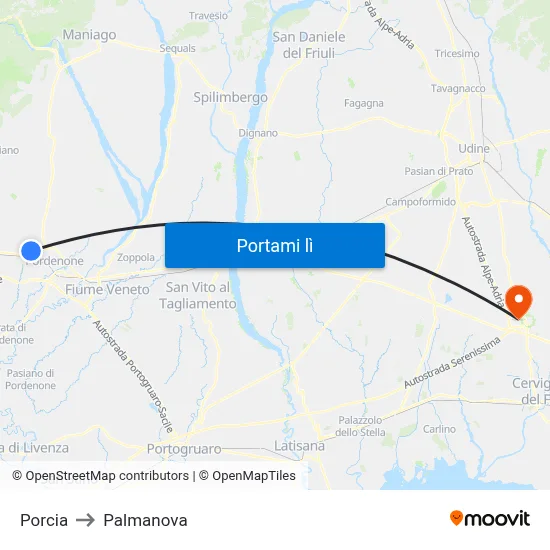 Porcia to Palmanova map