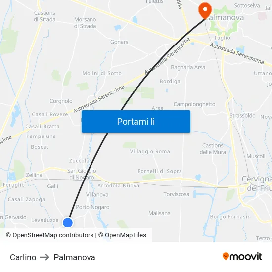 Carlino to Palmanova map