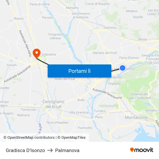 Gradisca D'Isonzo to Palmanova map