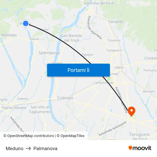 Meduno to Palmanova map