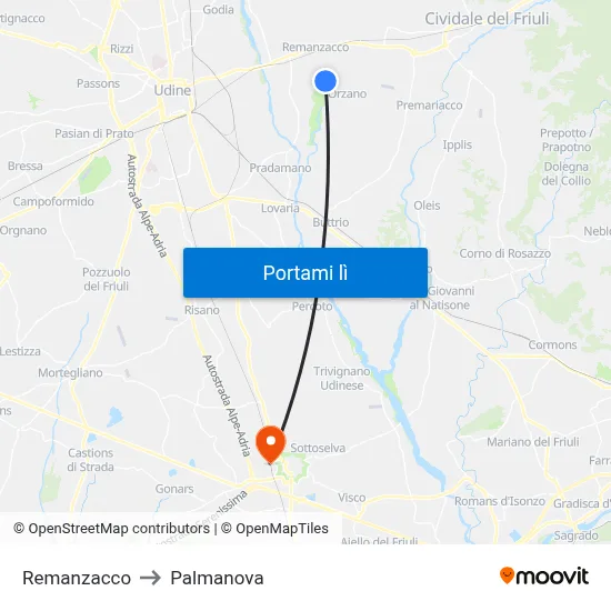 Remanzacco to Palmanova map