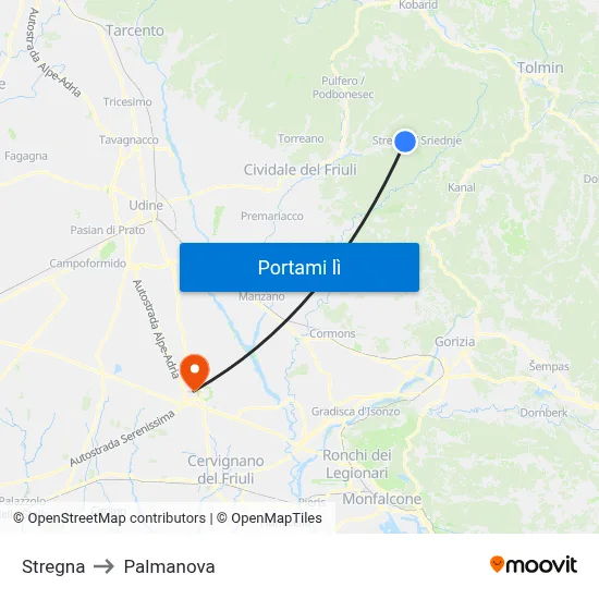 Stregna to Palmanova map