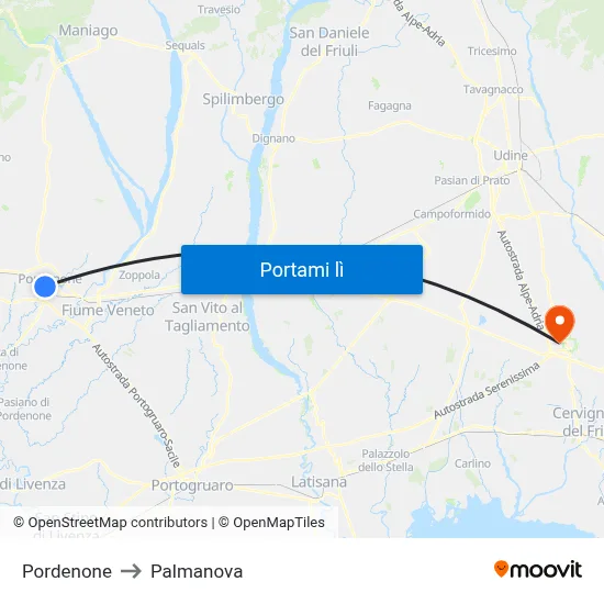 Pordenone to Palmanova map