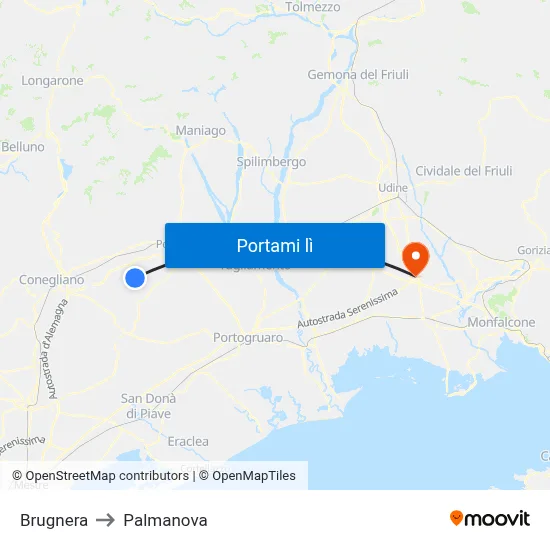 Brugnera to Palmanova map