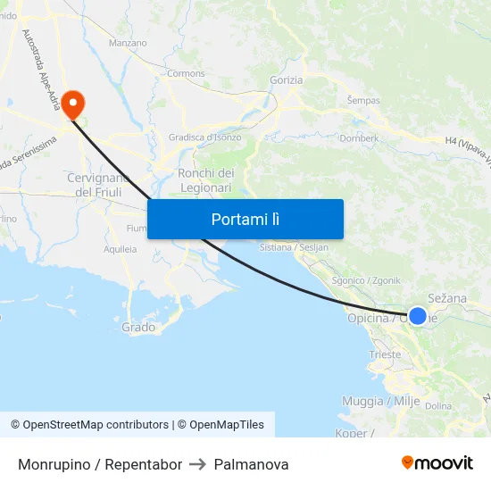 Monrupino / Repentabor to Palmanova map