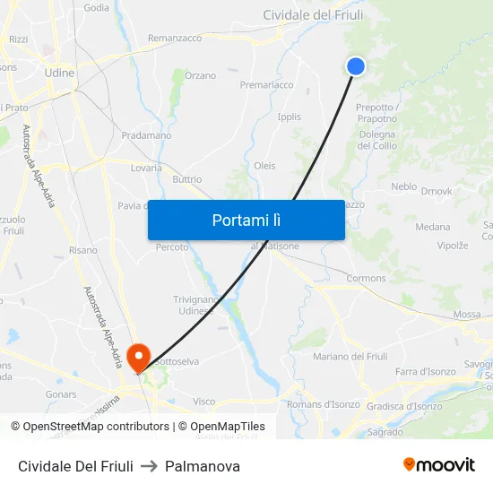 Cividale Del Friuli to Palmanova map