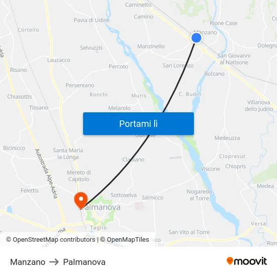 Manzano to Palmanova map