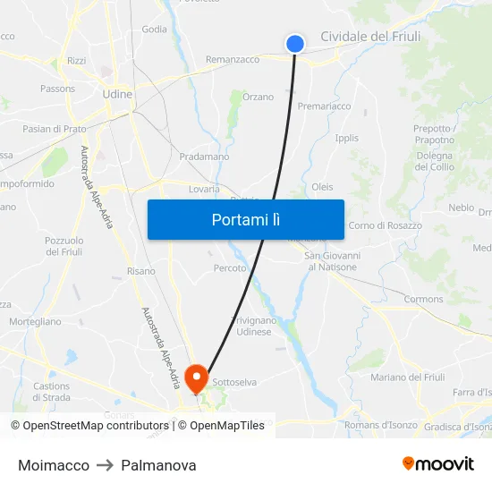 Moimacco to Palmanova map