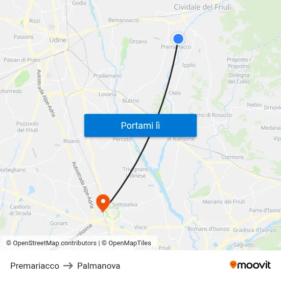 Premariacco to Palmanova map