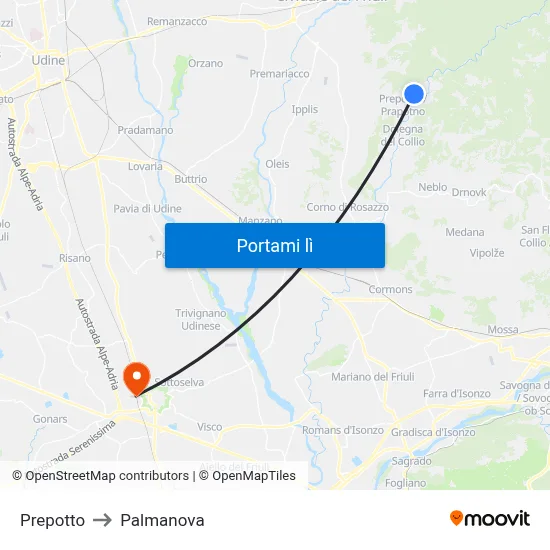 Prepotto to Palmanova map