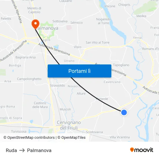 Ruda to Palmanova map