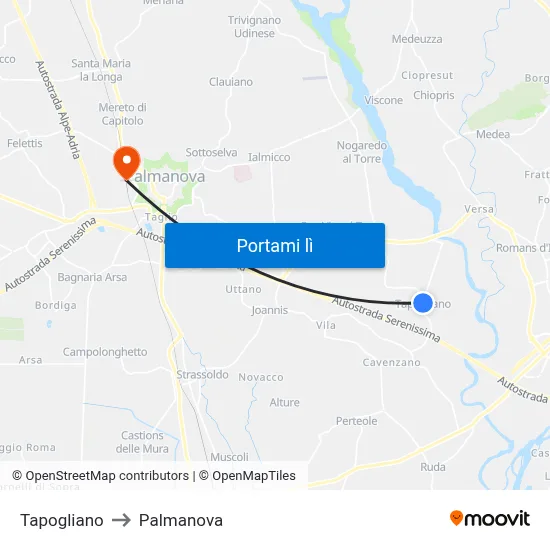 Tapogliano to Palmanova map