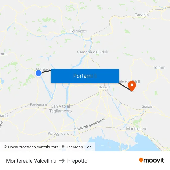 Montereale Valcellina to Prepotto map