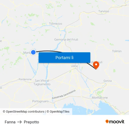 Fanna to Prepotto map