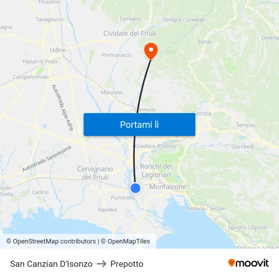 San Canzian D'Isonzo to Prepotto map
