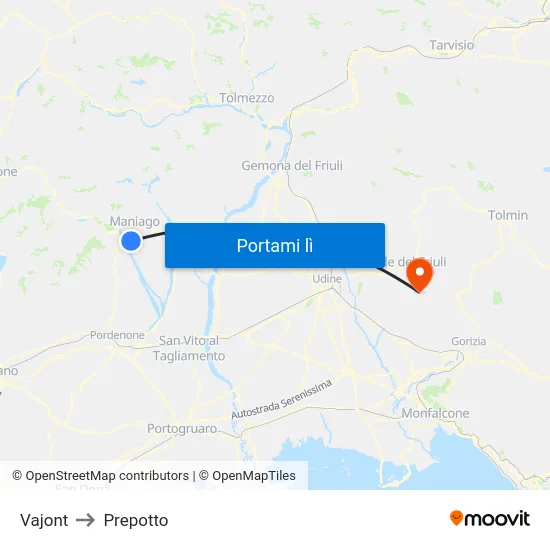 Vajont to Prepotto map