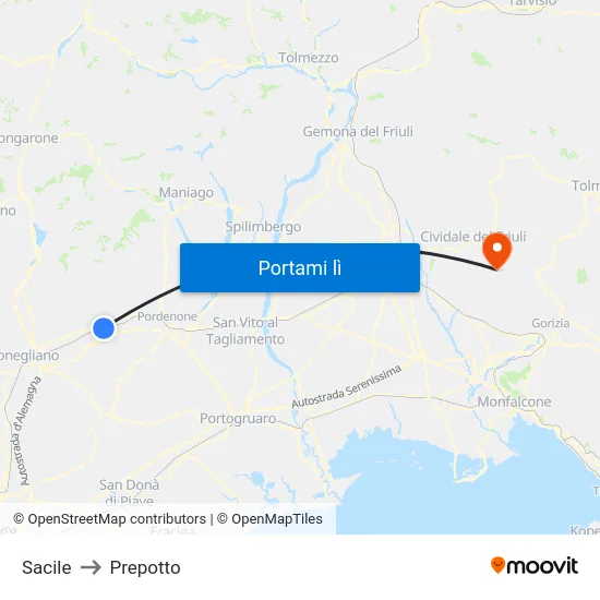Sacile to Prepotto map