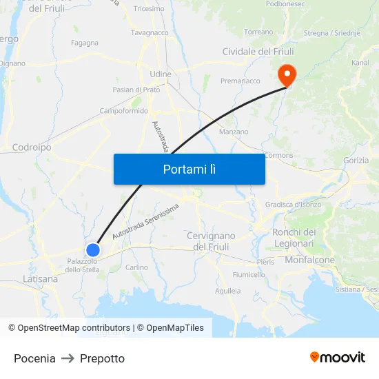 Pocenia to Prepotto map