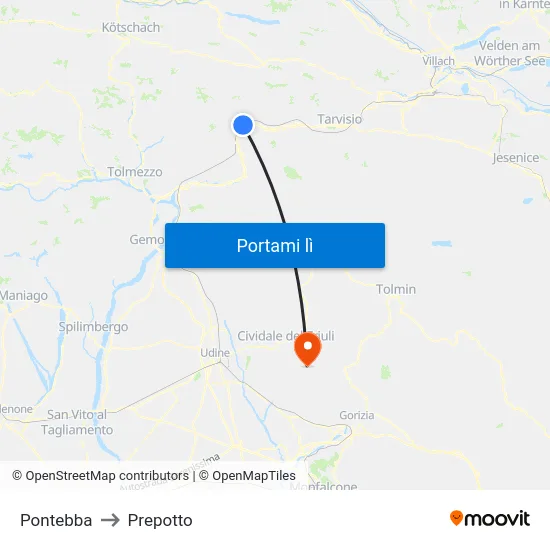 Pontebba to Prepotto map