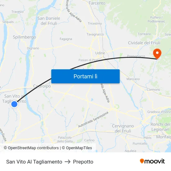 San Vito Al Tagliamento to Prepotto map