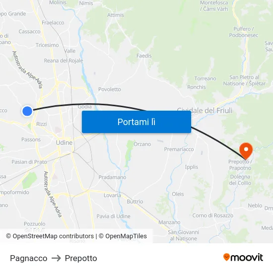 Pagnacco to Prepotto map