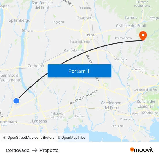 Cordovado to Prepotto map