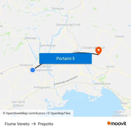 Fiume Veneto to Prepotto map