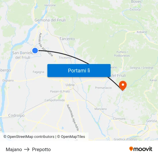 Majano to Prepotto map