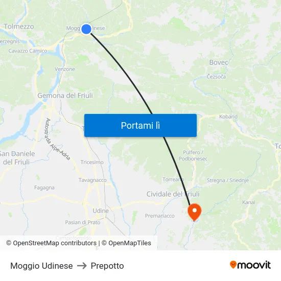 Moggio Udinese to Prepotto map