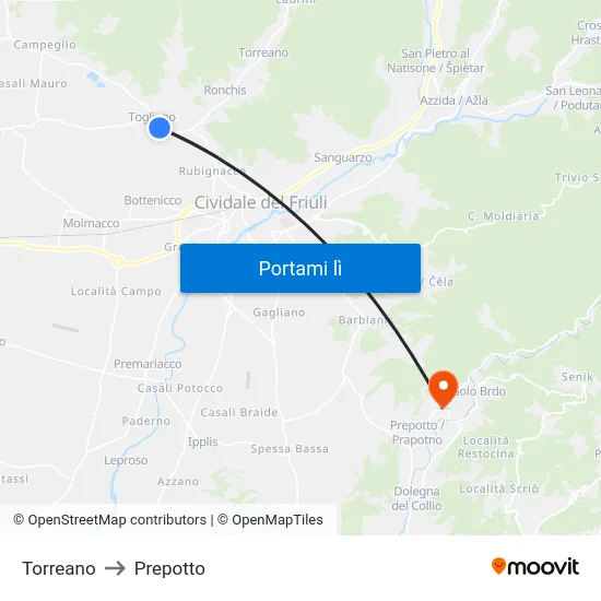 Torreano to Prepotto map