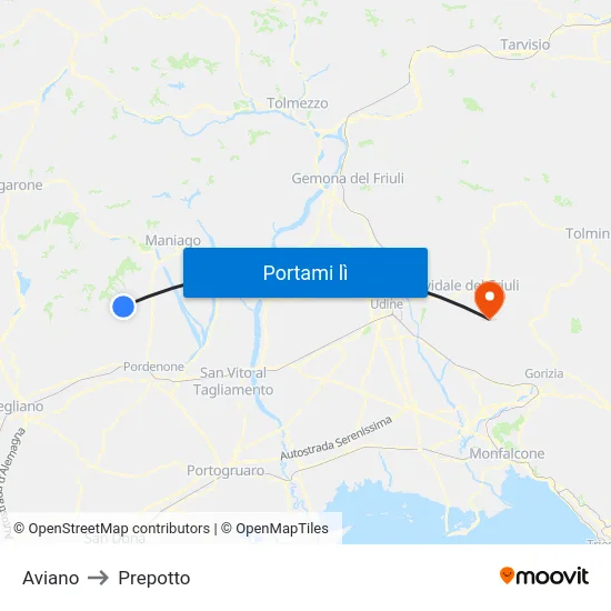 Aviano to Prepotto map
