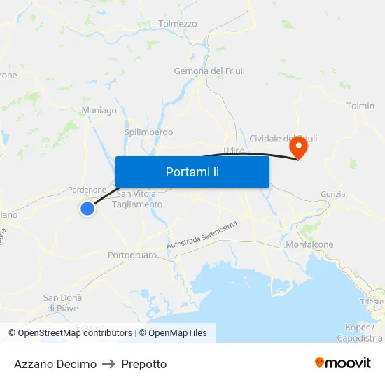 Azzano Decimo to Prepotto map