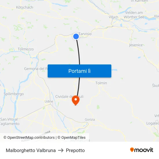 Malborghetto Valbruna to Prepotto map
