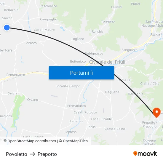 Povoletto to Prepotto map