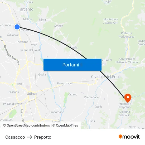 Cassacco to Prepotto map