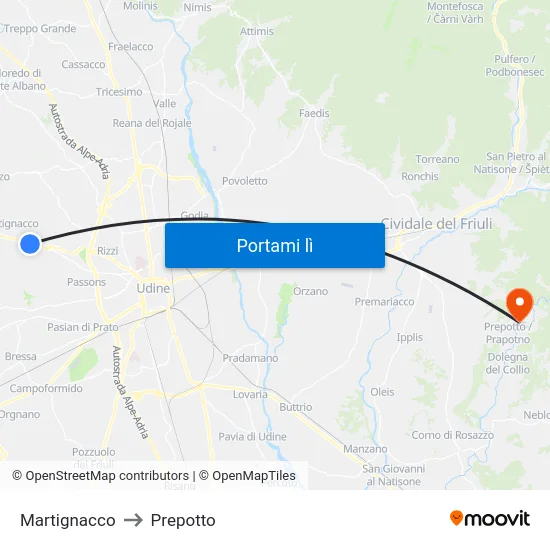 Martignacco to Prepotto map