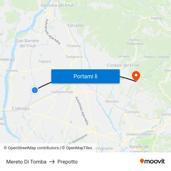 Mereto Di Tomba to Prepotto map