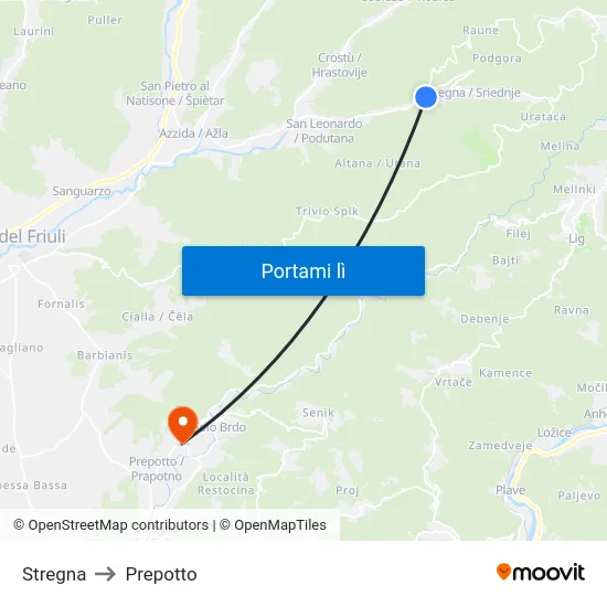 Stregna to Prepotto map