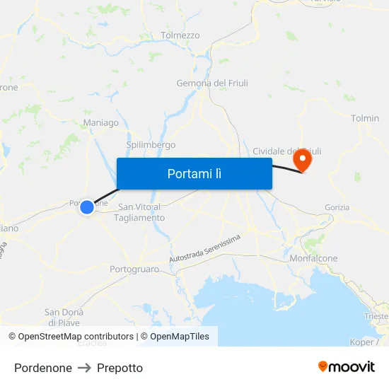 Pordenone to Prepotto map