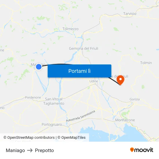Maniago to Prepotto map