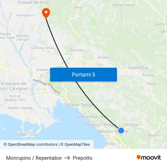 Monrupino / Repentabor to Prepotto map