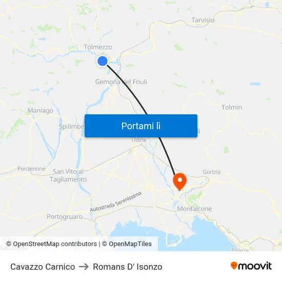 Cavazzo Carnico to Romans D' Isonzo map
