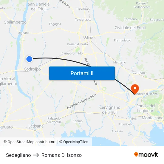 Sedegliano to Romans D' Isonzo map