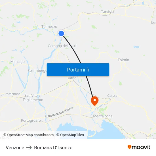 Venzone to Romans D' Isonzo map