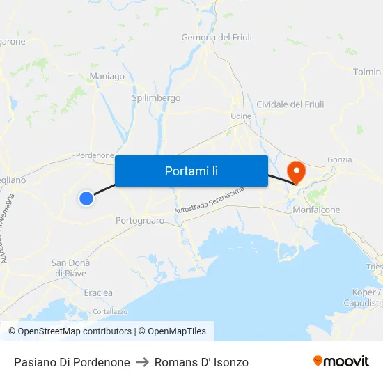 Pasiano Di Pordenone to Romans D' Isonzo map