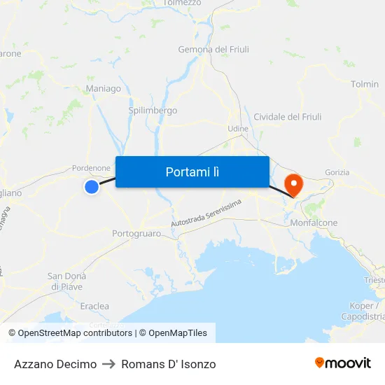 Azzano Decimo to Romans D' Isonzo map