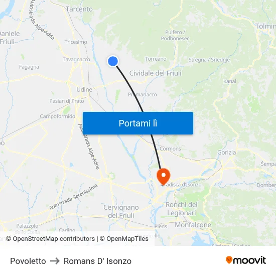 Povoletto to Romans D' Isonzo map